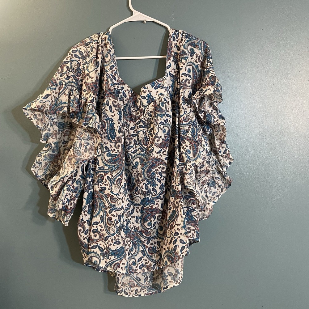 Terra & Sky Paisley Ruffle Sleeve Top Womens 4x White Blue Cotton Boho Hippie - Picture 6 of 7